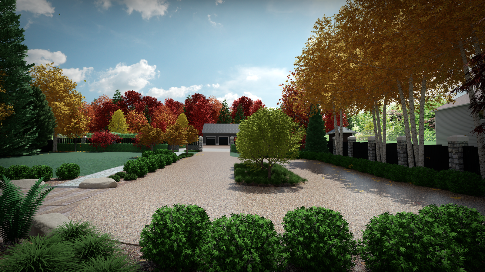3D render of a permeable outdoor entertaining space with patio and fire pit area